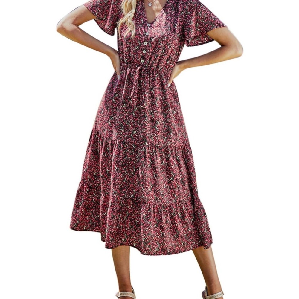 PrettyGarden Midi Dress Dark Floral Ditsy Tiered Adjustable Tie XXL Short Sleeve